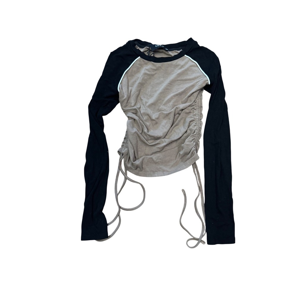 Cider Womens XXS Ruched‎ Long Sleeve Top Black Beige Casual Tee Shirt NWOT